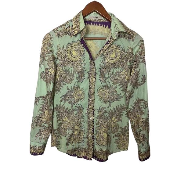 ETRO Made in Italy Shirt Green Yellow Floral Paisley Citycore Women’s Sz 38 - Picture 1 of 8